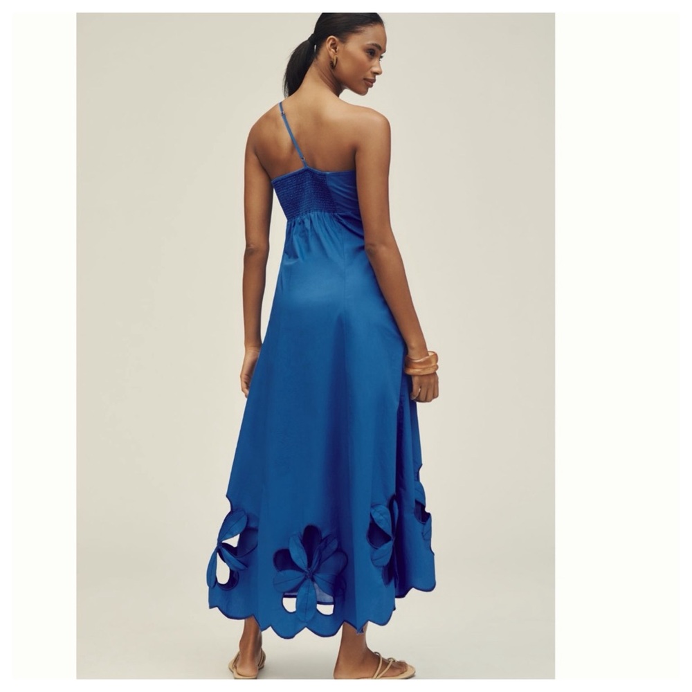 NWT Anthropologie One-Shoulder Cutwork  Cutouts 3D Flower Blue Midi Dress - Picture 6 of 16